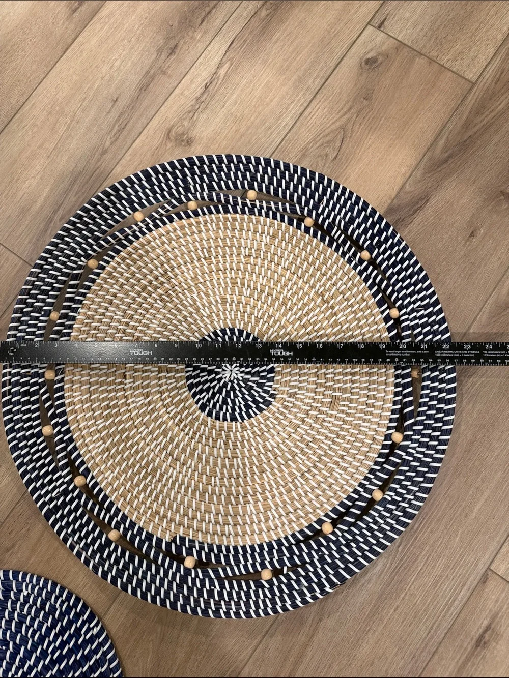Woven Round Decorative Wall Baskets - Navy & Natural. Set of 2.